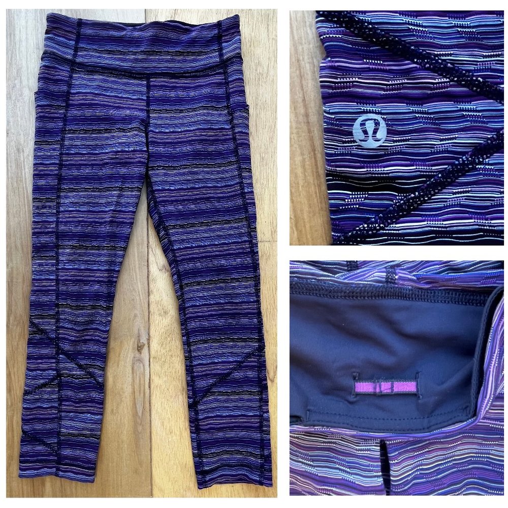LULULEMON ATHLETICA CAPRI Women’s Purple Striped Low Rise Yoga Gym Leggings sz 4
